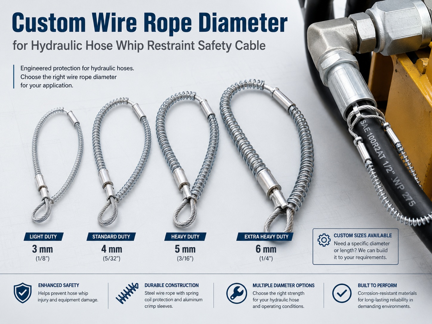 Custom wire rope diameter for ضبط الجلد الخرطوم الهيدروليكي safety cable