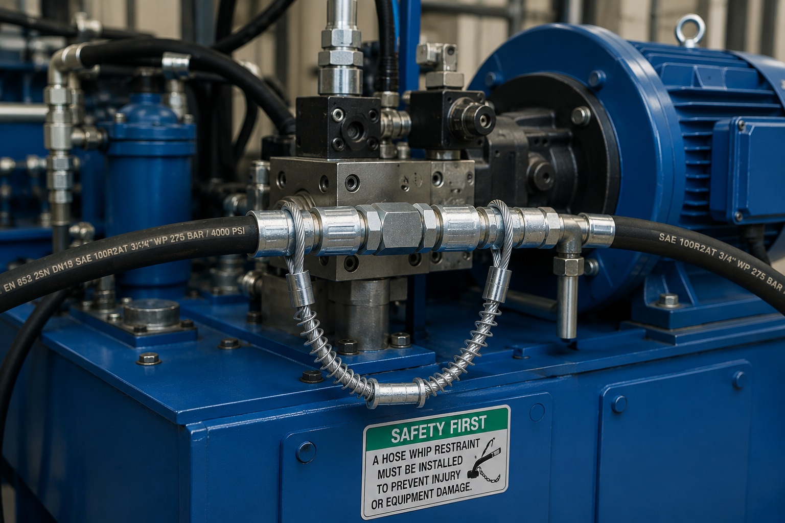 عالية pressure hose restraint installed on industrial hydraulic power unit