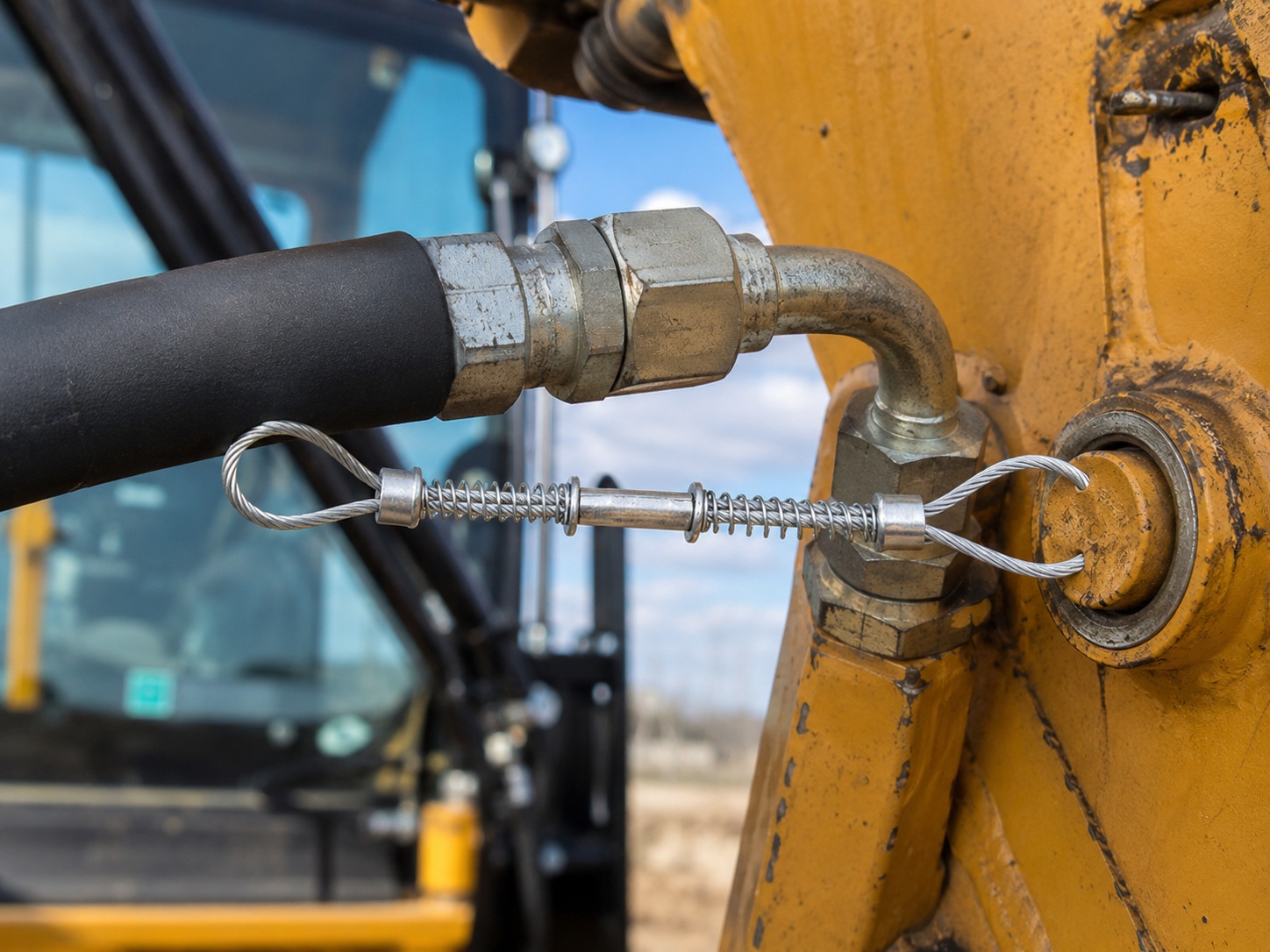 High pressure hose restraint for construction machinery hose connection