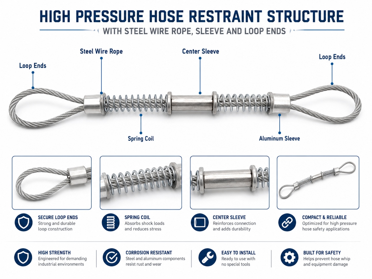High pressure hose restraint structure with steel wire rope sleeve and loop ends