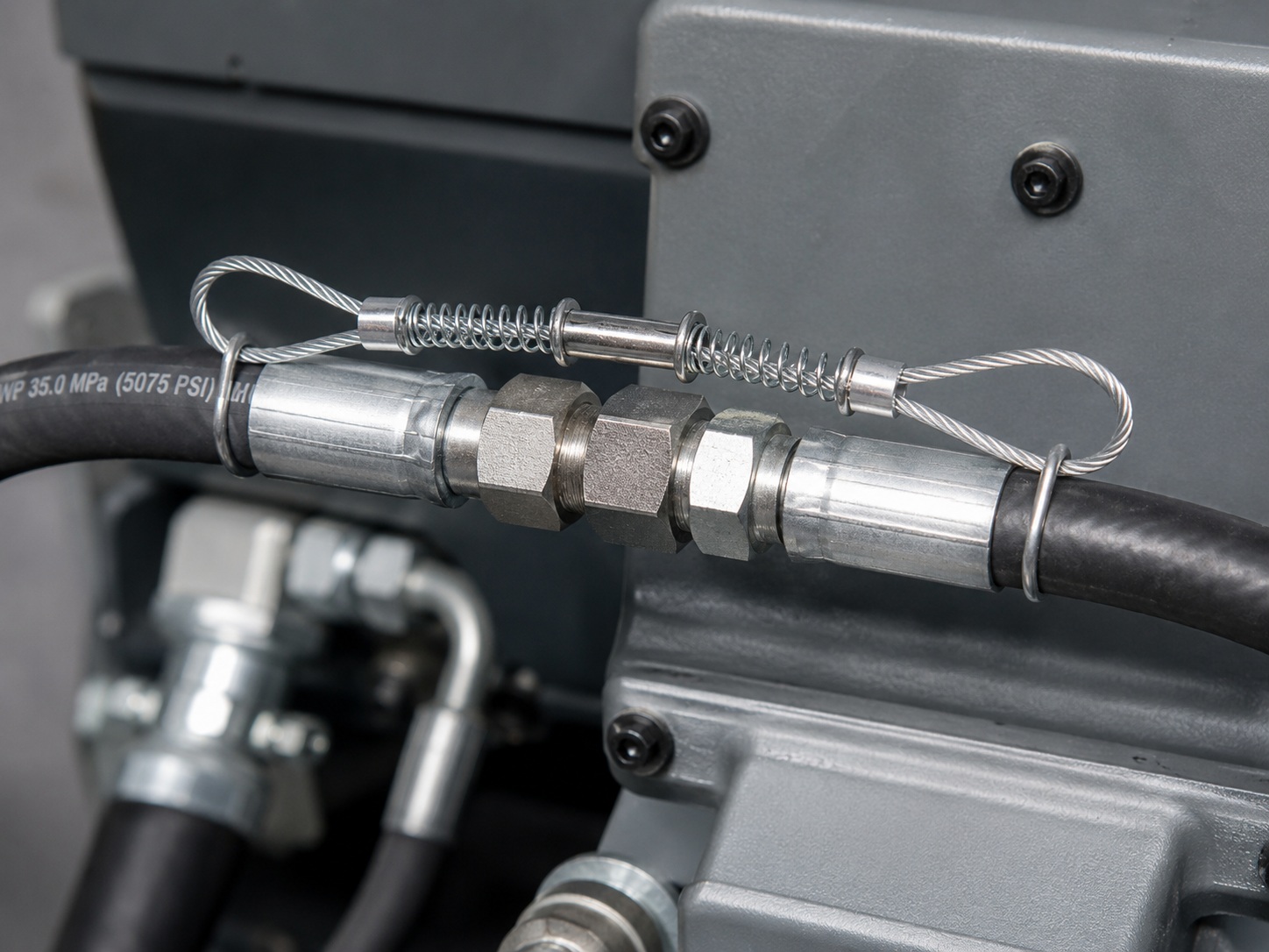 High pressure hose restraint for hydraulic hose connection